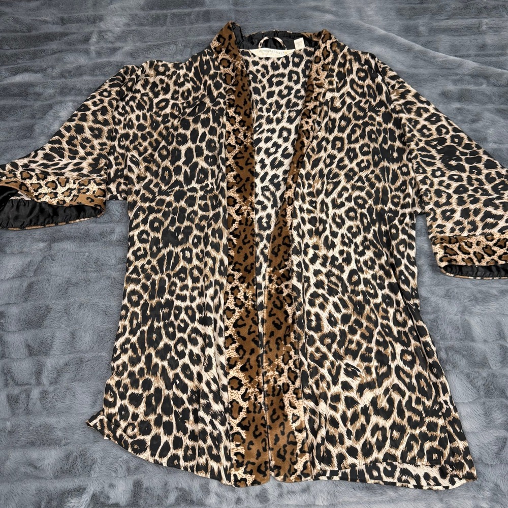 Victorias Secret Gold Label Leopard Print Robe Faux Fur Trim Medium Loungewear